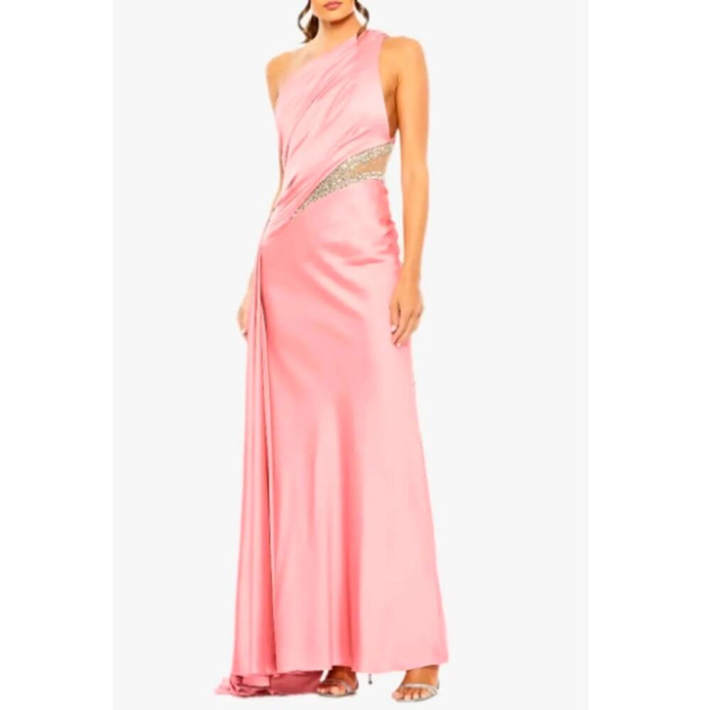 Ieena for Mac Duggal Women's Coral Beaded One Shoulder Charmeuse Gown Size 10